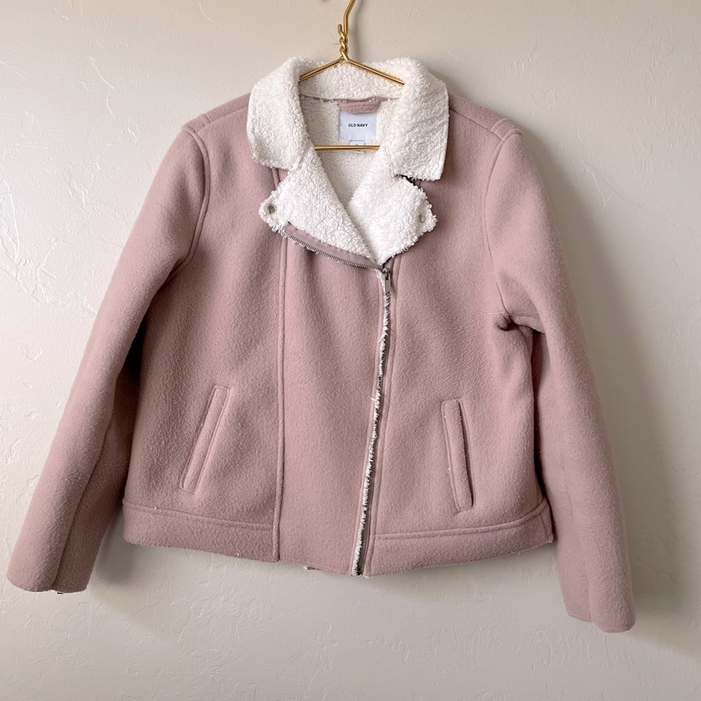 Pink Sherpa Lined Moto Style Zip Front Coat Size XL